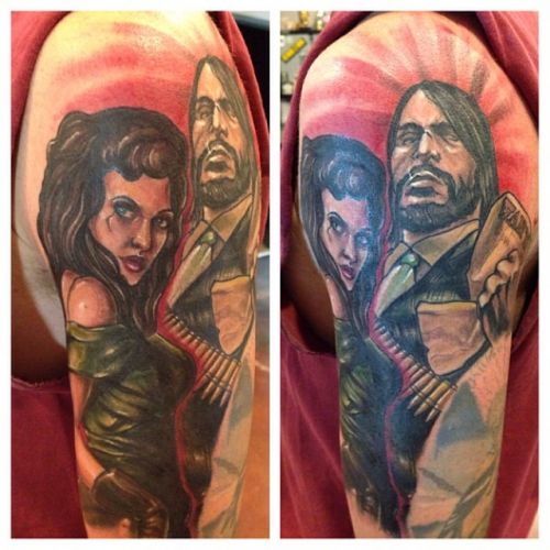 Крутая татуировка с Марстоном и Алой дамой из Red Dead Redemption от художника из Айовы @alecbauertattoo