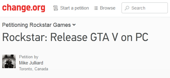 Петиция «Rockstar: Release GTA V on PC»